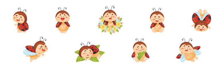 Cute Happy Ladybug with Spotted Wings Vector Set