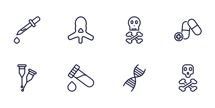 set of medical and healthcare thin line icons. medical and healthcare outline icons such as eye dropper, vertebra, medicine capsules, crutches couple, blood analysis, medical chain of dna, dead