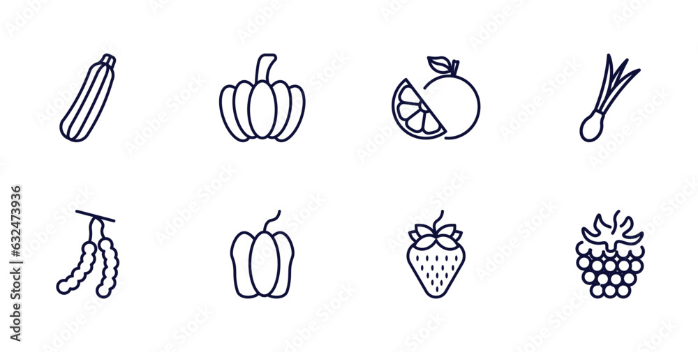 Wall mural set of vegetables and fruits thin line icons. vegetables and fruits outline icons such as zucchini, 