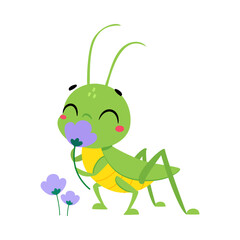 Cute Green Grasshopper Character Smell Flower Vector Illustration