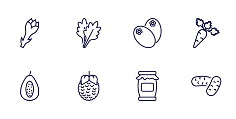 set of vegetables and fruits thin line icons. vegetables and fruits outline icons such as asparagus, arugula, carrot, papaya, raspberry, mason jar, potatoes vector.