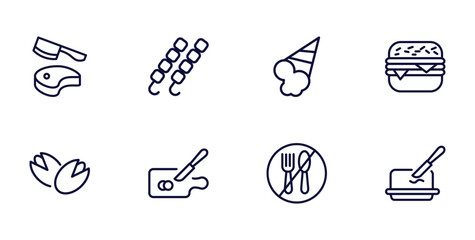 set of food thin line icons. food outline icons such as butcher, kebab, hamburguer, pistachio, chop, no eating, butter vector.