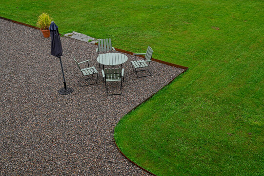 Looking down on garden with seating area