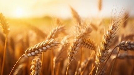 Wheat field with Sunny Light Background, Ears of Wheat on the Field, Agriculture, Harvesting. Generative AI