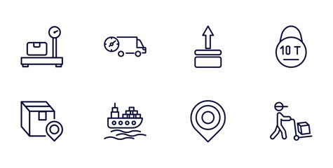 set of delivery and logistics thin line icons. delivery and logistics outline icons such as delivery weighing, fast weight limit, destination, ocean transportation, arrival, man vector.