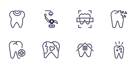 set of dental health thin line icons. dental health outline icons such as dental filling, chair, holed tooth, aid, plaque, house, decay vector.