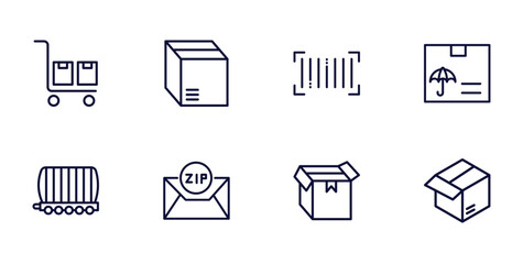 set of delivery and logistics thin line icons. delivery and logistics outline icons such as package on trolley, packages, logistic protection, cargo train, zip code, delivery box, parcel vector.