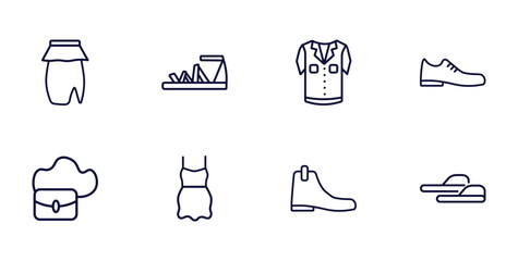 set of clothes and outfit thin line icons. clothes and outfit outline icons such as peplum skirt, gladiator sandal, leather shoes, hobo bag, chiffon dress, leather chelsea boots, sleepers vector.