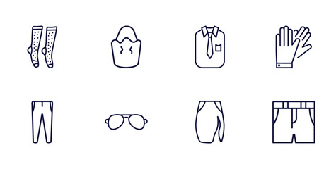 set of clothes and outfit thin line icons. clothes and outfit outline icons such as women socks, bucket bag, leather gloves, slim fit pants, pilot sunglasses, slit skirt, denim shorts vector.