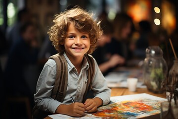 Boy Holding Crayon. Creative Learning and Playful Exploration. Vibrant School Environment....