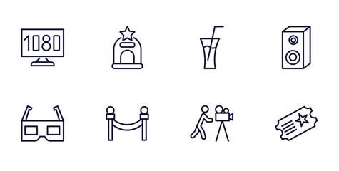 set of cinema and theater thin line icons. cinema and theater outline icons such as 1080p hd tv, cinema ticket window, loud woofer box, 3d glass, borders, cameraman, theater ticket vector.