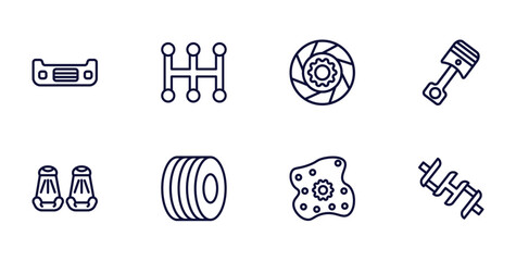 set of car parts thin line icons. car parts outline icons such as car bumper, transmission, connecting rod, cowl, trim, oil pump, crankshaft vector.