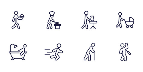 set of behavior and action thin line icons. behavior and action outline icons such as waiter with food tray, man cooking, man with baby stroller, man bathing, running, old walking, spraying