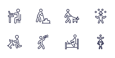 set of behavior and action thin line icons. behavior and action outline icons such as man typing, man digging, circus man, and dog, shouting, laptop chatting on bed, piggyback a kid vector.