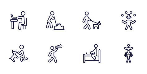 Fototapeta premium set of behavior and action thin line icons. behavior and action outline icons such as man typing, man digging, circus man, and dog, shouting, laptop chatting on bed, piggyback a kid vector.
