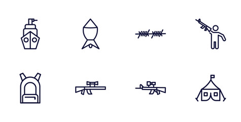set of military and war and thin line icons. military and war outline icons such as naval, depth charge, rebellion, backpack, sniper rifle, air force, militar tent vector.