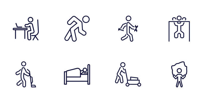 set of behavior and action thin line icons. behavior and action outline icons such as man working at desk, stick man excersicing, man lifting bar, vacuum, laying in bed, cutting lawn, rope jumping