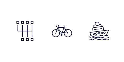 Fototapeta na wymiar set of transportation thin line icons. transportation outline icons included shift, bikes, ferry vector.