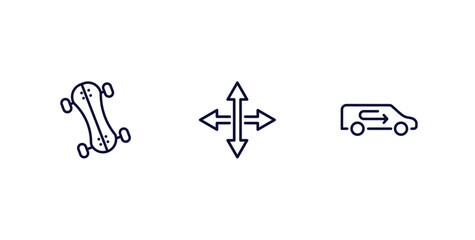 set of transportation thin line icons. transportation outline icons included longboard, movement, recirculation vector.