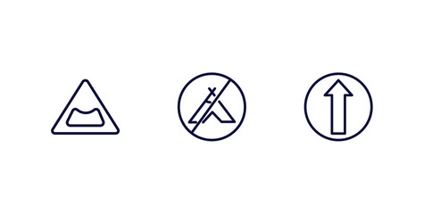set of traffic signs thin line icons. traffic signs outline icons included pothole, no camping, ahead only vector.