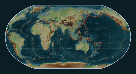 Volcanoes and boundaries of tectonic plates on the world map - 90 PM. Robinson © Yarr65