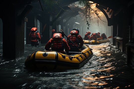 Rubber boat rescue team assisting people stranded on the roof of a flooded building amidst a severe storm and heavy rain