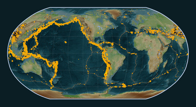 Earthquakes and boundaries of tectonic plates on the world map - -90 PM. Robinson