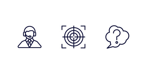 set of strategy thin line icons. strategy outline icons included customer support, focus, question vector.