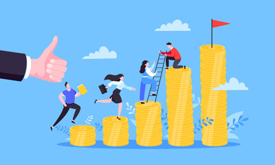 Business mentor helps improve career and money stacks growing. He holds stairs steps vector illustration. Mentorship, upskills, climb help self development strategy flat style design business concept.