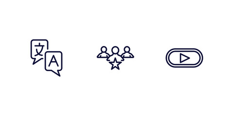 set of strategy thin line icons. strategy outline icons included translator, leader, start vector.