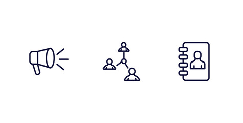 set of strategy thin line icons. strategy outline icons included advertising, connection, phonebook vector.