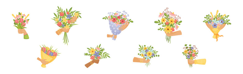 Obraz na płótnie Canvas Hand Holding Bunch or Bouquet of Blooming Flowers Vector Set
