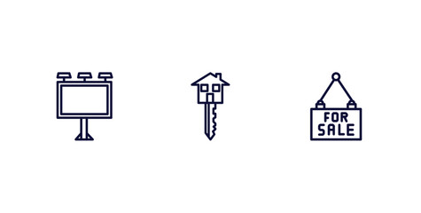 set of real estate industry thin line icons. real estate industry outline icons included billboard, house key, for sale vector.