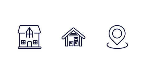set of real estate industry thin line icons. real estate industry outline icons included mansion, storehouse, map location vector.