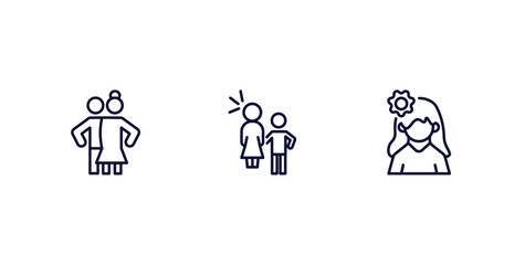 set of people and relation thin line icons. people and relation outline icons included snuggle, sexual harassment, woman with flower vector.