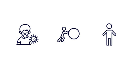 set of people and relation thin line icons. people and relation outline icons included sickness, effort, small boy vector.