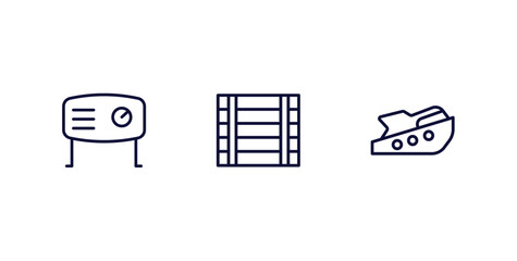 set of nautical thin line icons. nautical outline icons included air tank, big crate, roofless speed boat vector.