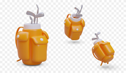 Set of 3D bags with golf clubs. Special sports backpack. Expensive luxury sports equipment. Vector object in different positions. Isolated color illustrations