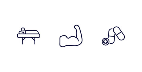 set of medical and healthcare thin line icons. medical and healthcare outline icons included illness on bed, strong, medicine capsules vector.