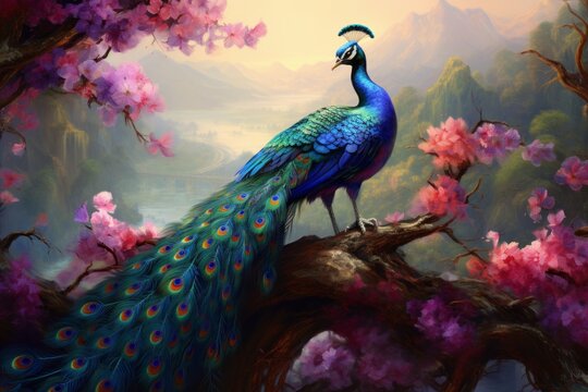 Green peacock sits on a branch. Beautiful illustration picture. Generative AI