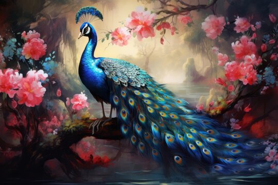 Green peacock sits on a branch. Beautiful illustration picture. Generative AI