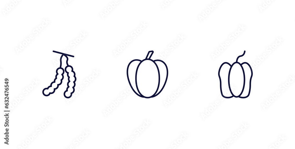 Wall mural set of vegetables and fruits thin line icons. vegetables and fruits outline icons included tamarind,