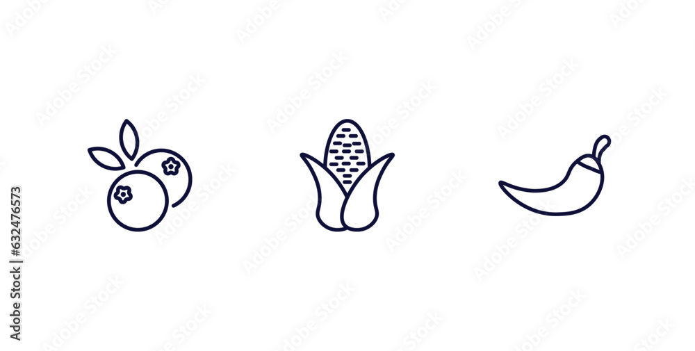 Wall mural set of vegetables and fruits thin line icons. vegetables and fruits outline icons included blueberri