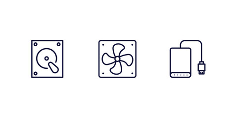set of hardware and equipment thin line icons. hardware and equipment outline icons included harddrive, computer fan, external hard drive vector.