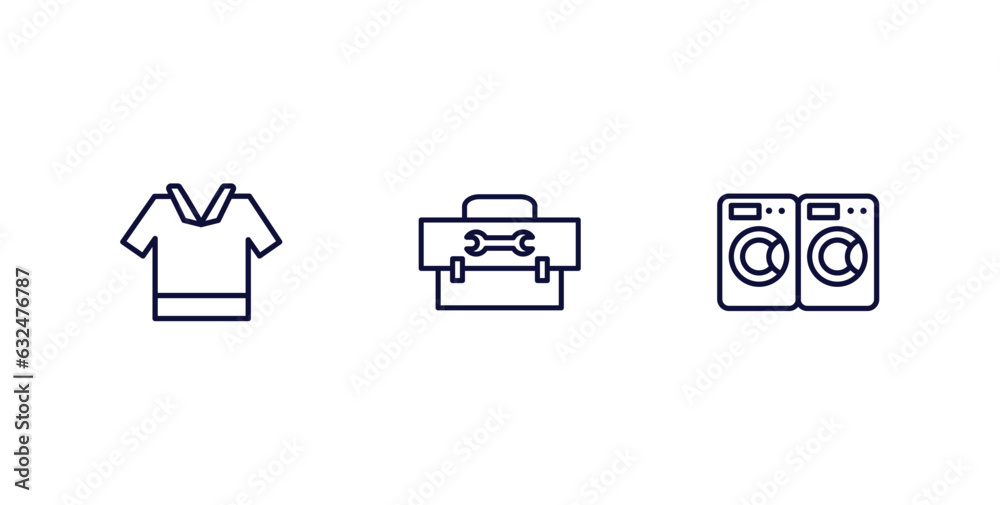 Sticker set of fashion and things thin line icons. fashion and things outline icons included safety shirt, small toolbox, laundry zone vector.