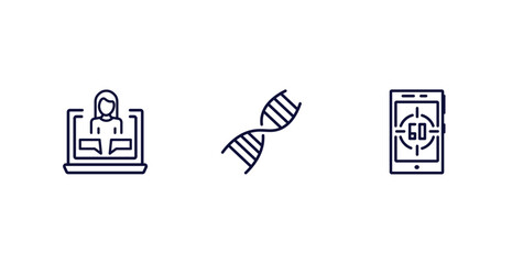 set of education and science thin line icons. education and science outline icons included online class, dna strand, digital display 60 vector.