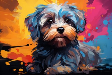 Bright colors, pop art portrait of cute dog. Beautiful illustration picture. Generative AI