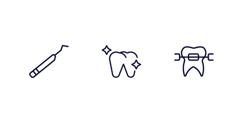 set of dental health thin line icons. dental health outline icons included periodontal scaler, healthy tooth, brackets vector.