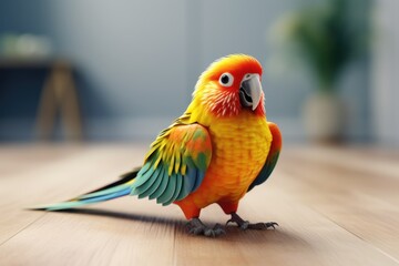 Beautiful colorful parrot on wooden floor in room. 