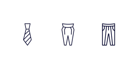 set of clothes and outfit thin line icons. clothes and outfit outline icons included tie, pegged pants, oxford wave suit pants vector.